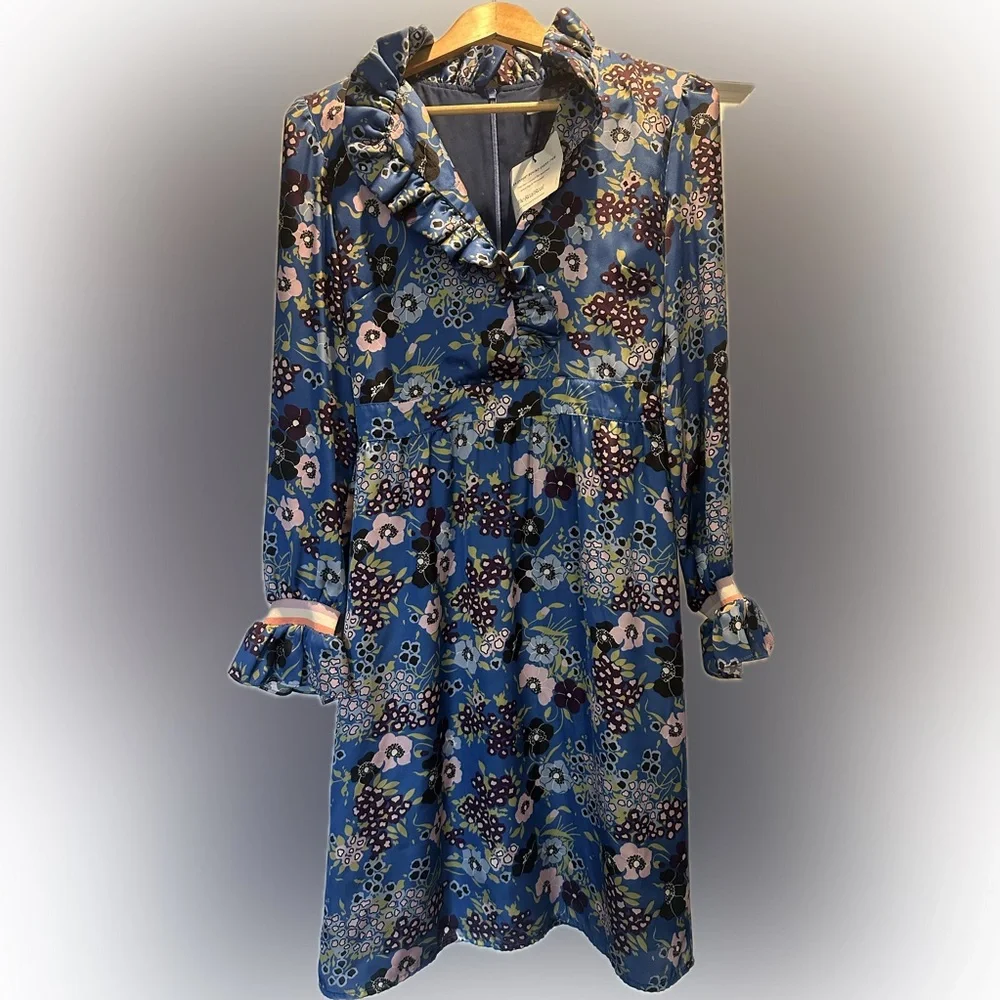 Manoush Blue Floral Long Sleeve Dress with Ruffle Collar - Picture 5 of 8